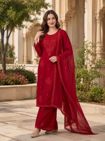 Premium Fox Blooming Georgette Embroidery Suit With Palazzo & Dupatta