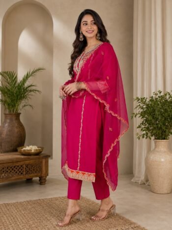 Premium Rayon Slub Embroidery Work Suit With Soft Net Dupatta