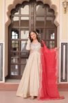 Premium Cosmos Jacquard Pearl Beads Gown With Bandhani Dupatta