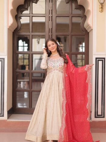 Premium Cosmos Jacquard Pearl Beads Gown With Bandhani Dupatta