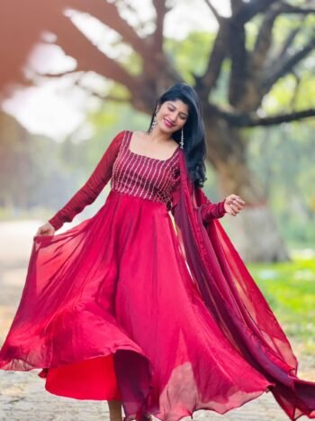 Premium Sparkling Georgette Beadwork Gown With Belt