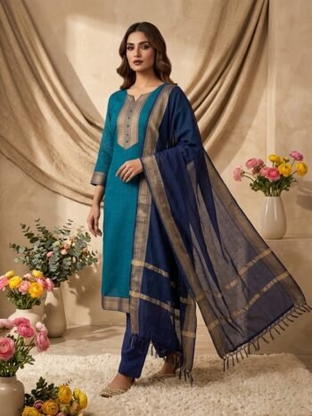 Premium Kanchi Cotton Zari Work 3-Piece Suit With Zalar Dupatta