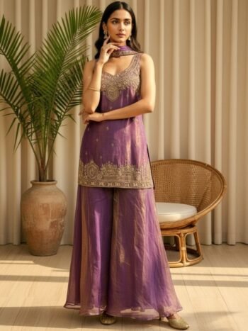 Premium Fendy Satin Beads Embroidered Palazzo Suit Set With Dupatta