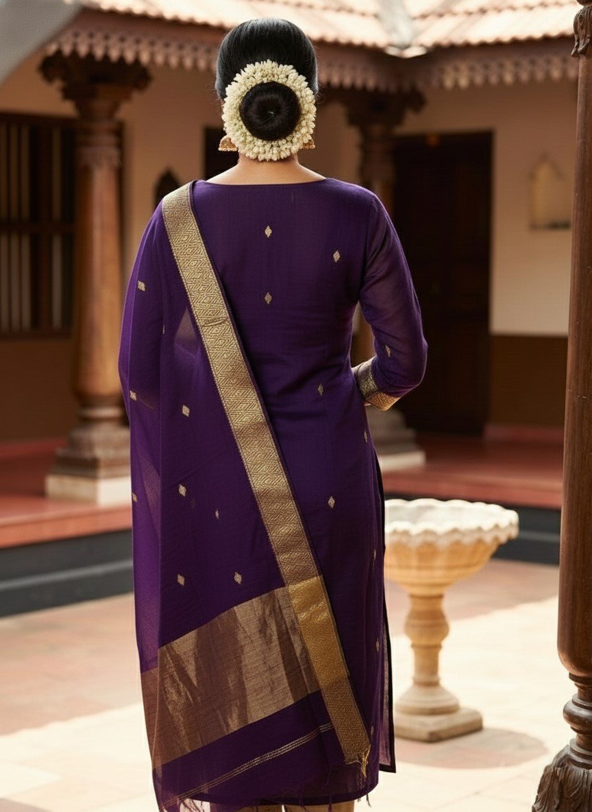 Premium Kanchi Cotton 2–Piece Kurti With Dupatta – Violet Detail View