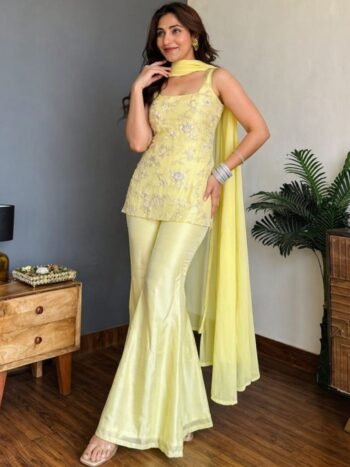 Premium Faux Georgette Floral Embroidered Palazzo Suit Set With Dupatta