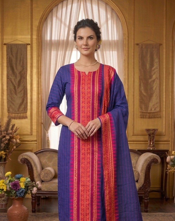 Premium Kanchi Cotton 2–Piece Kurti With Dupatta – Blue Detail View