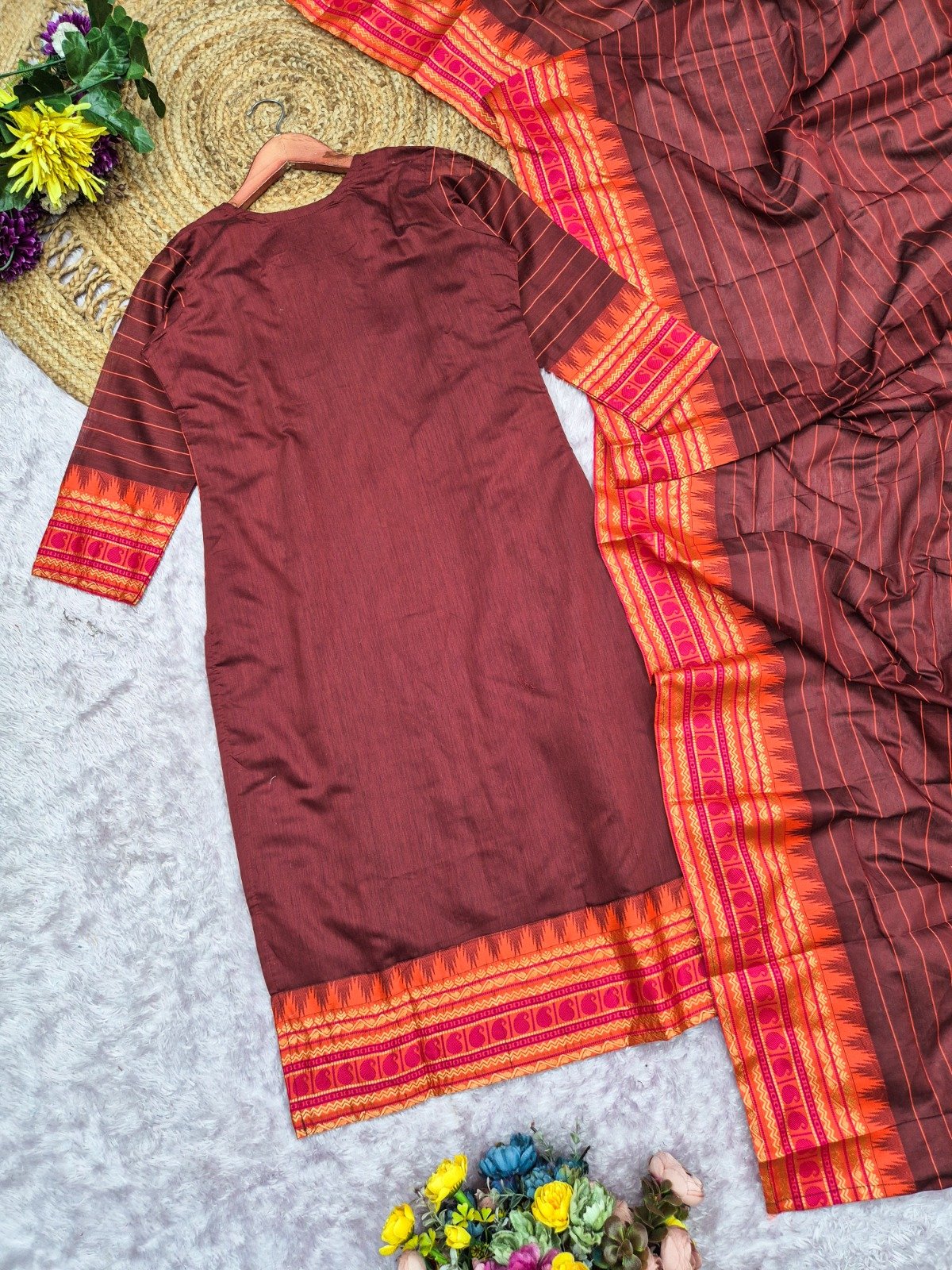Premium Kanchi Cotton 2–Piece Kurti With Dupatta – Brown Detail View