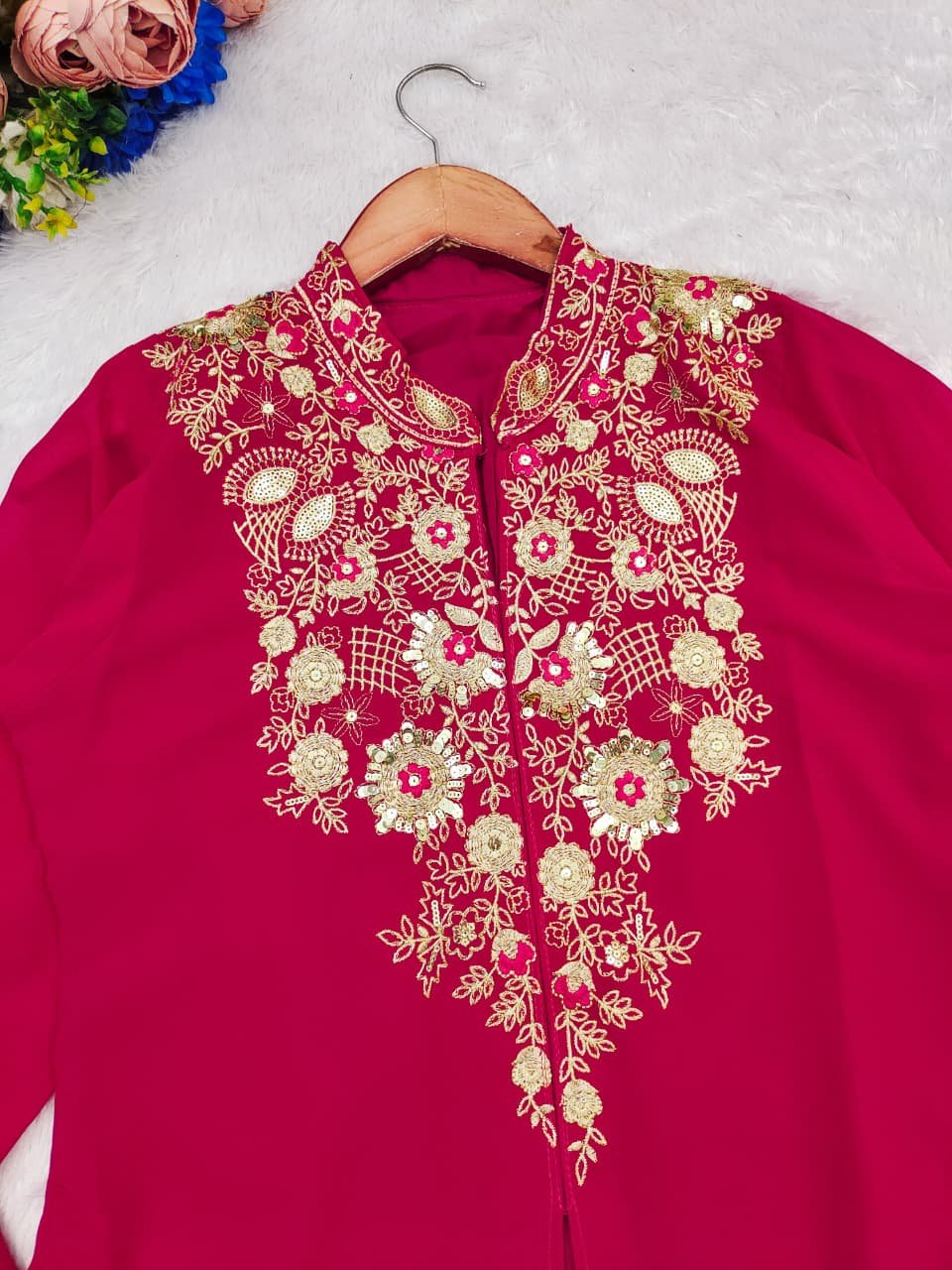 Premium Soft Georgette Multi–Thread Embroidery & Sequence Plazo Set Detail View