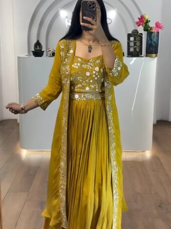 Premium Chinnon Silk Embroidered Lehenga Set With Shrug & Blouse