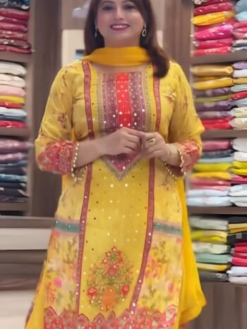 Premium Chinnon Silk Digital Print Palazzo Set With Real Mirror Work & Georgette Dupatta