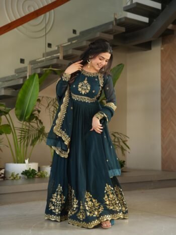 Premium Faux Blooming Georgette Zari Thread & Sequins Embroidered Gown With Dupatta