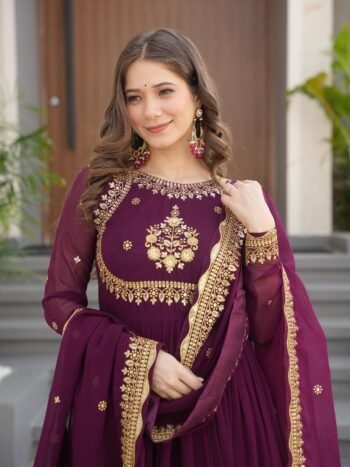 Premium Faux Blooming Georgette Zari Thread & Sequins Embroidered Gown With Dupatta