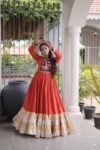 Premium 14 KG Rayon Kutchi Gamthi Thread Work Gown With Zari Patta