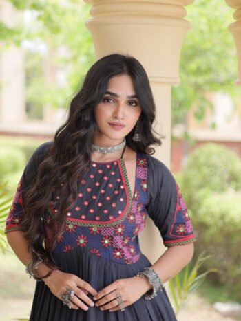 Premium Kora Cotton Multi-Thread Embroidered Real Mirror Work Gown – Black