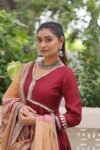 Premium Roman Fabric Frill Stitching & Mirror Lace Work Gown With Maslin Dupatta – Maroon