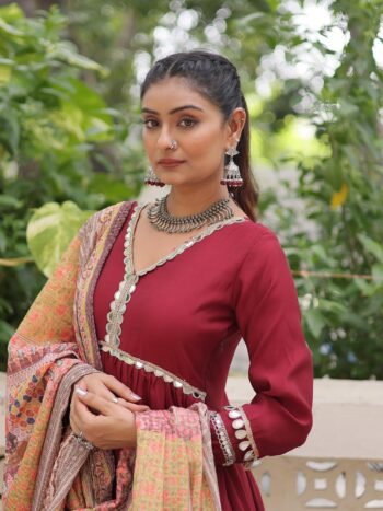 Premium Roman Fabric Frill Stitching & Mirror Lace Work Gown With Maslin Dupatta – Maroon