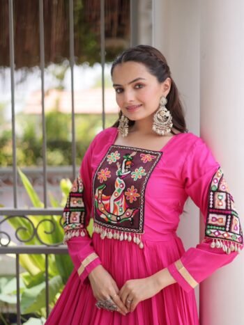 Premium 14 KG Rayon Kutchi Gamthi Thread Work Gown With Zari Patta