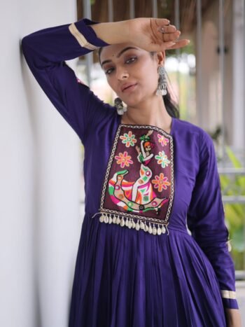 Premium 14 KG Rayon Kutchi Gamthi Thread Work Gown With Zari Patta
