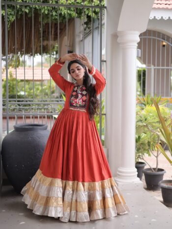 Premium 14 KG Rayon Kutchi Gamthi Thread Work Gown With Zari Patta