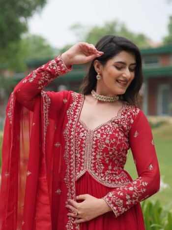Premium Red Faux Blooming Georgette Sequins & Zari Embroidered Gown With Dupatta
