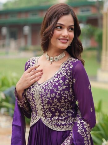 Premium Faux Blooming Georgette Sequins & Zari Embroidered Gown With Dupatta – Purple