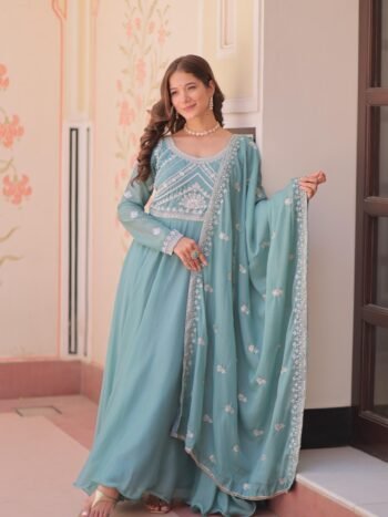 Premium Beige Star Georgette Sequins & Beads Embroidered Gown With Dupatta